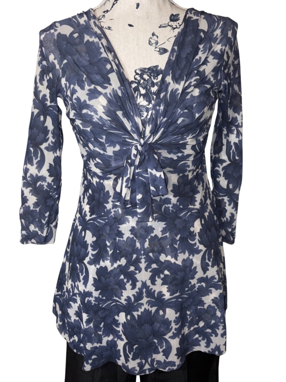 Johnny Heaven Y2K Sheer Navy Blue&Cream Floral Babydoll Top 3/4 Length Sleeves
